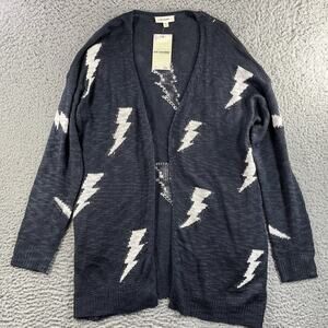 EE:SOME CARDIGAN WOMENS M/L BLUE LIGHTNING BOLT SWEATER OPEN FRONT NWT NEW